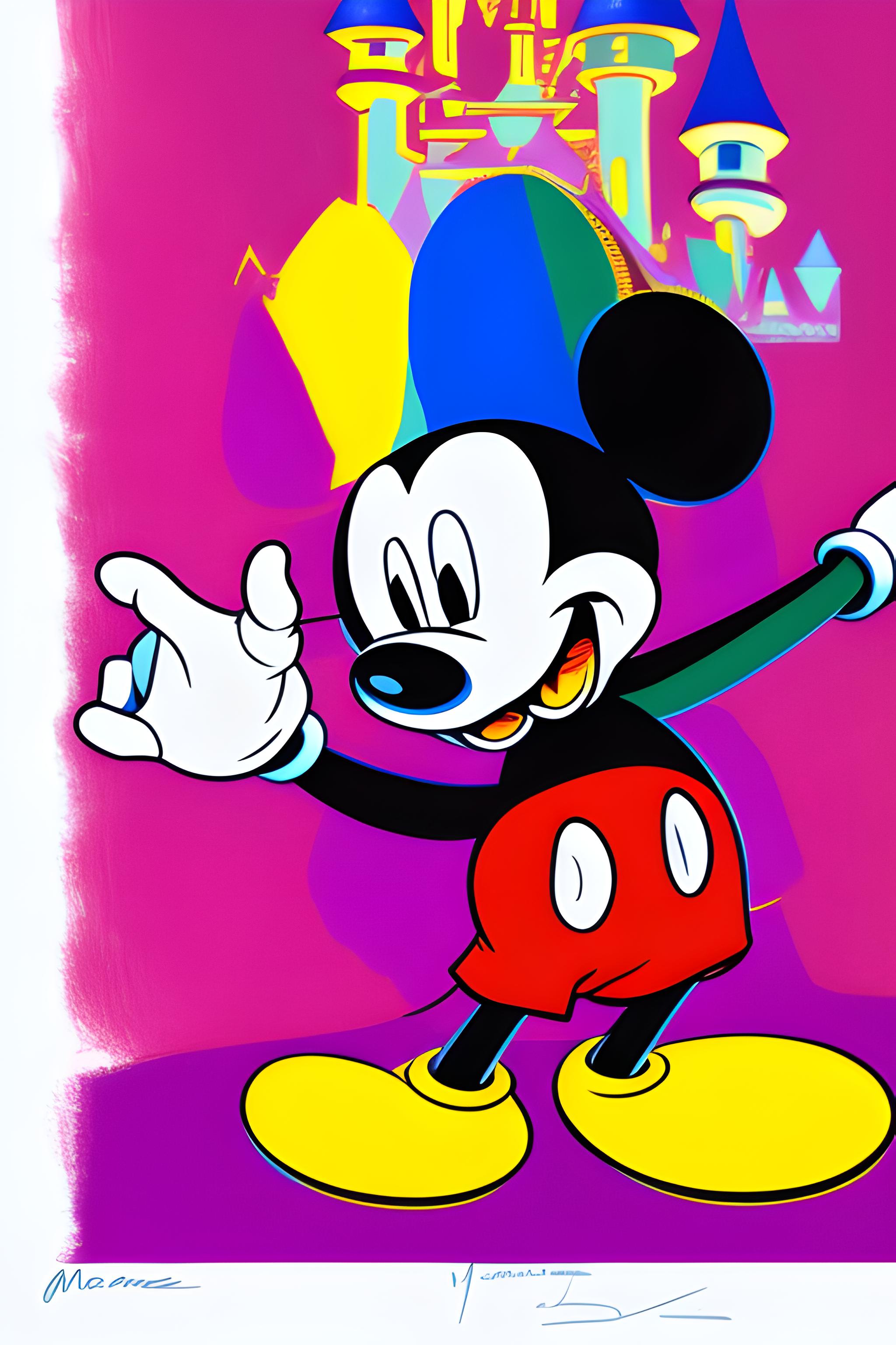 Mickey Mouse standing in front of the castle at disneyland paris in the  style of Andy Warhol